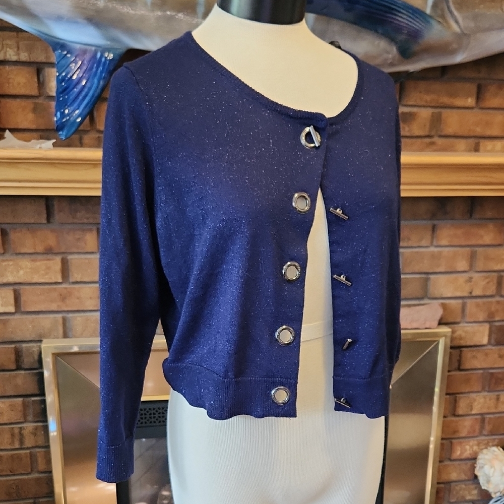 Calvin Klein Midnight Blue Metallic Sparkle Toggle Closure Cropped Cardigan L